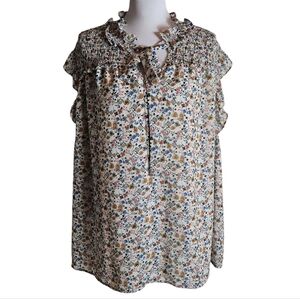 Pleione Floral Print Blouse Size 3X Ruffle Collar Smocked Keyhole Cottage Praire
